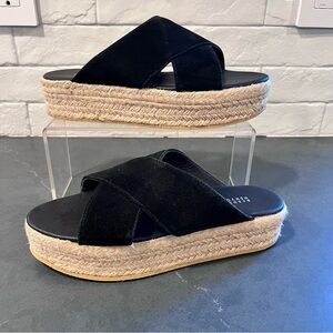 Barney’s New York sz 37 black suede cross strap jute platform sandals